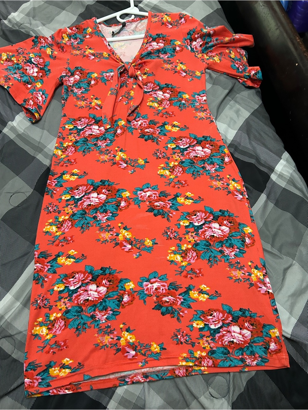 Floral Tie-Neck Women's Dress in Coral